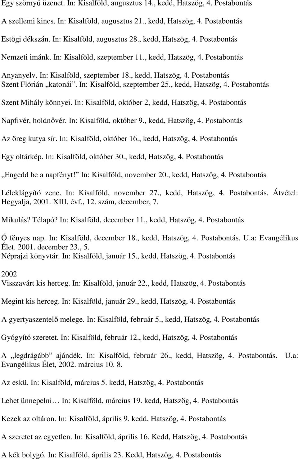 In: Kisalföld, szeptember 25., kedd, Hatszög, 4. Postabontás Szent Mihály könnyei. In: Kisalföld, október 2, kedd, Hatszög, 4. Postabontás Napfivér, holdnővér. In: Kisalföld, október 9.