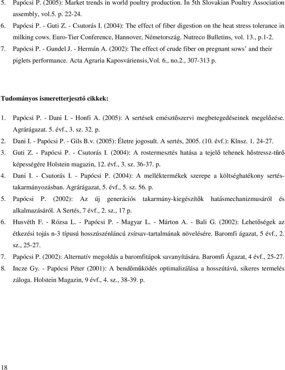 - Hermán A. (2002): The effect of crude fiber on pregnant sows and their piglets performance. Acta Agraria Kaposváriensis,Vol. 6., no.2., 307-313 p. Tudományos ismeretterjeszt cikkek: 1. Papócsi P.