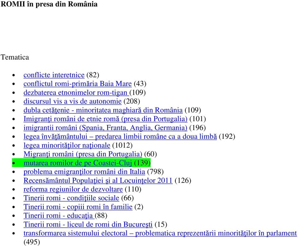 române ca a doua limbă (192) legea minorităţilor naţionale (1012) Migranţi români (presa din Portugalia) (60) mutarea romilor de pe Coastei-Cluj (139) problema emigranţilor români din Italia (798)
