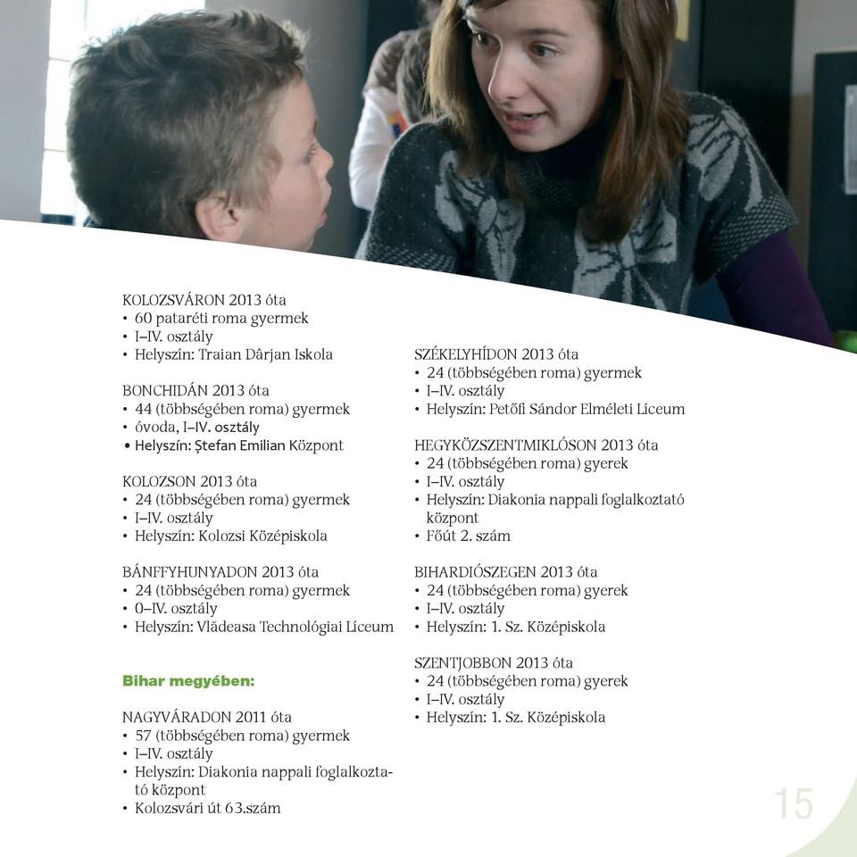 osztály Helyszín: Vlădeasa Technológiai Líceum Bihar megyében: NAGYVÁRADON 2011 óta 57 (többségében roma) gyermek Helyszín: Diakonia nappali foglalkoztató központ Kolozsvári út