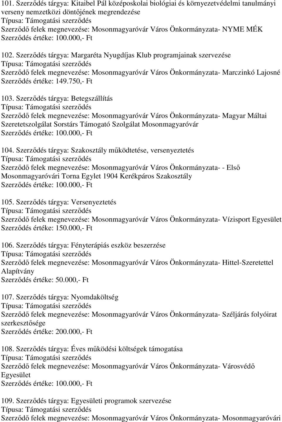 Szerződés tárgya: Betegszállítás Szerződő felek megnevezése: Mosonmagyaróvár Város Önkormányzata- Magyar Máltai Szeretetszolgálat Sorstárs Támogató Szolgálat Mosonmagyaróvár 104.