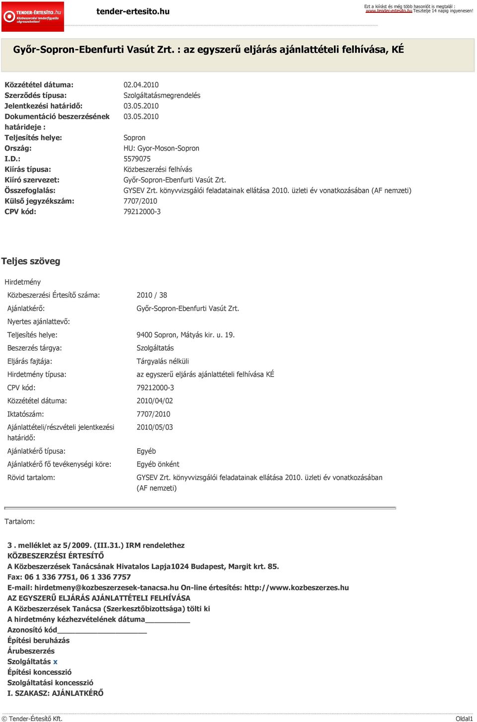 Összefoglalás: GYSEV Zrt. könyvvizsgálói feladatainak ellátása 2010.