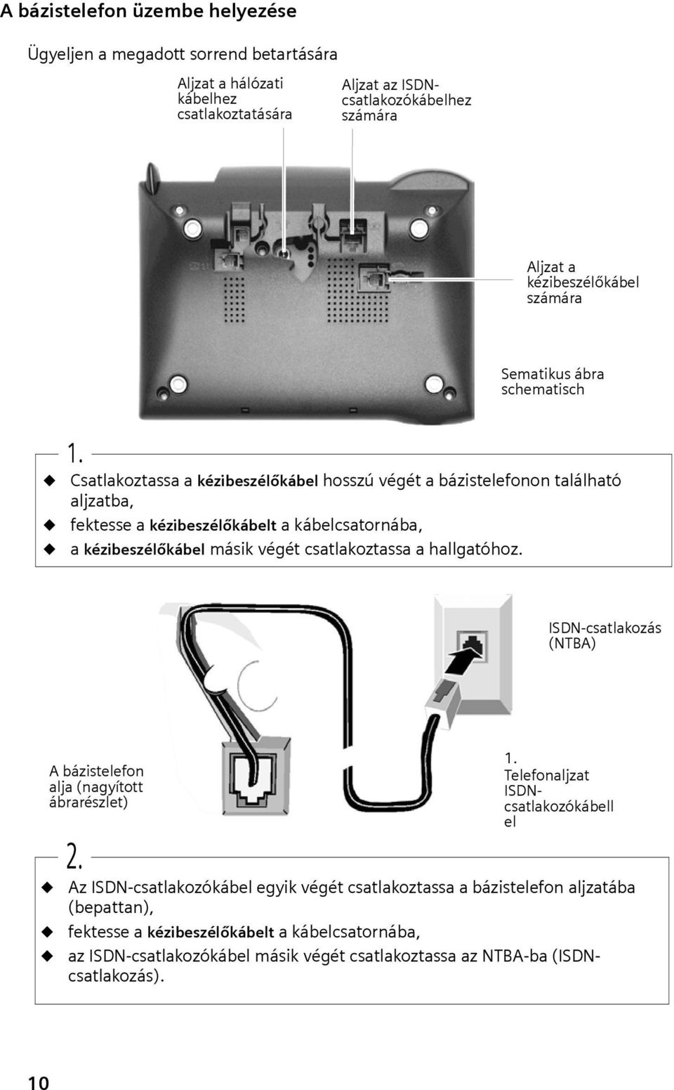Csatlakoztassa a kézbeszélőkábel hosszú végét a bázstelefonon található aljzatba, fektesse a kézbeszélőkábelt a kábelcsatornába, a kézbeszélőkábel másk végét csatlakoztassa a