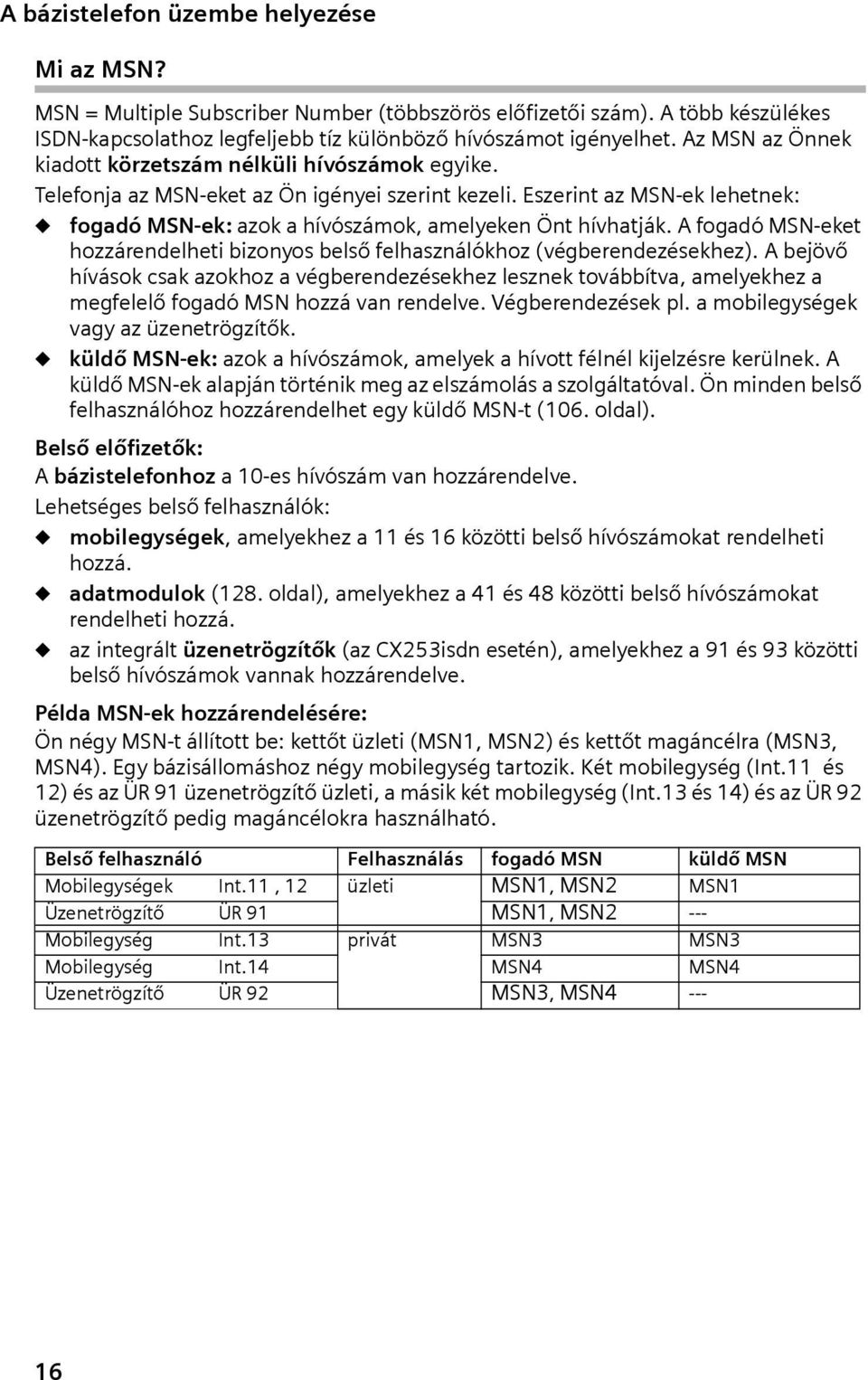 A fogadó MSN-eket hozzárendelhet bzonyos belső felhasználókhoz (végberendezésekhez).