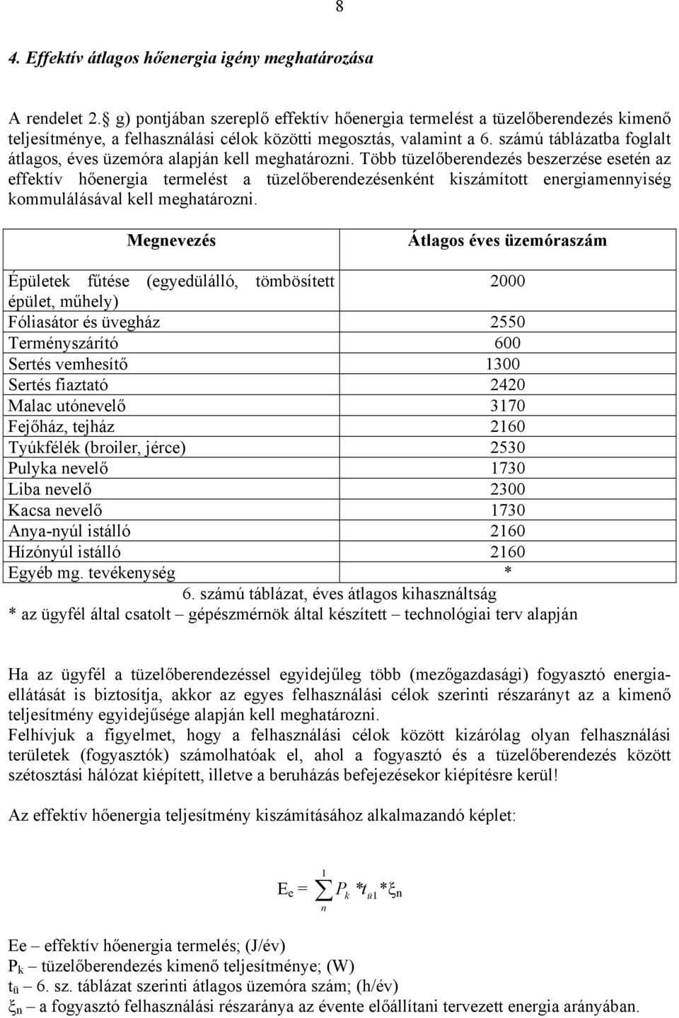 számú táblázatba foglalt átlagos, éves üzemóra alapján kell meghatározni.