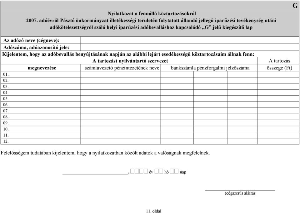 tartozást nyilvántartó szervezet A tartozás megnevezése számlavezető pénzintézetének neve bankszámla pénzforgalmi jelzőszáma összege (Ft) 01.