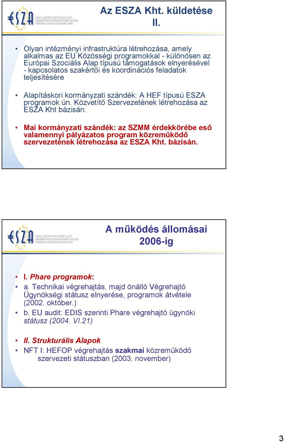 feladatok teljesítésére Alapításkori kormányzati szándék: A HEF típusú ESZA programok ún. Közvetítő Szervezetének létrehozása az ESZA Kht bázisán.