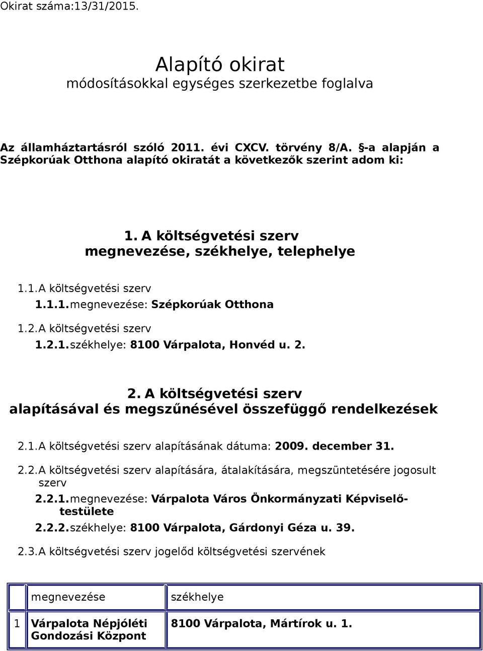 2.A költségvetési szerv 1.2.1.székhelye: 8100 Várpalota, Honvéd u. 2. 2. A költségvetési szerv alapításával és megszűnésével összefüggő rendelkezések 2.1.A költségvetési szerv alapításának dátuma: 2009.