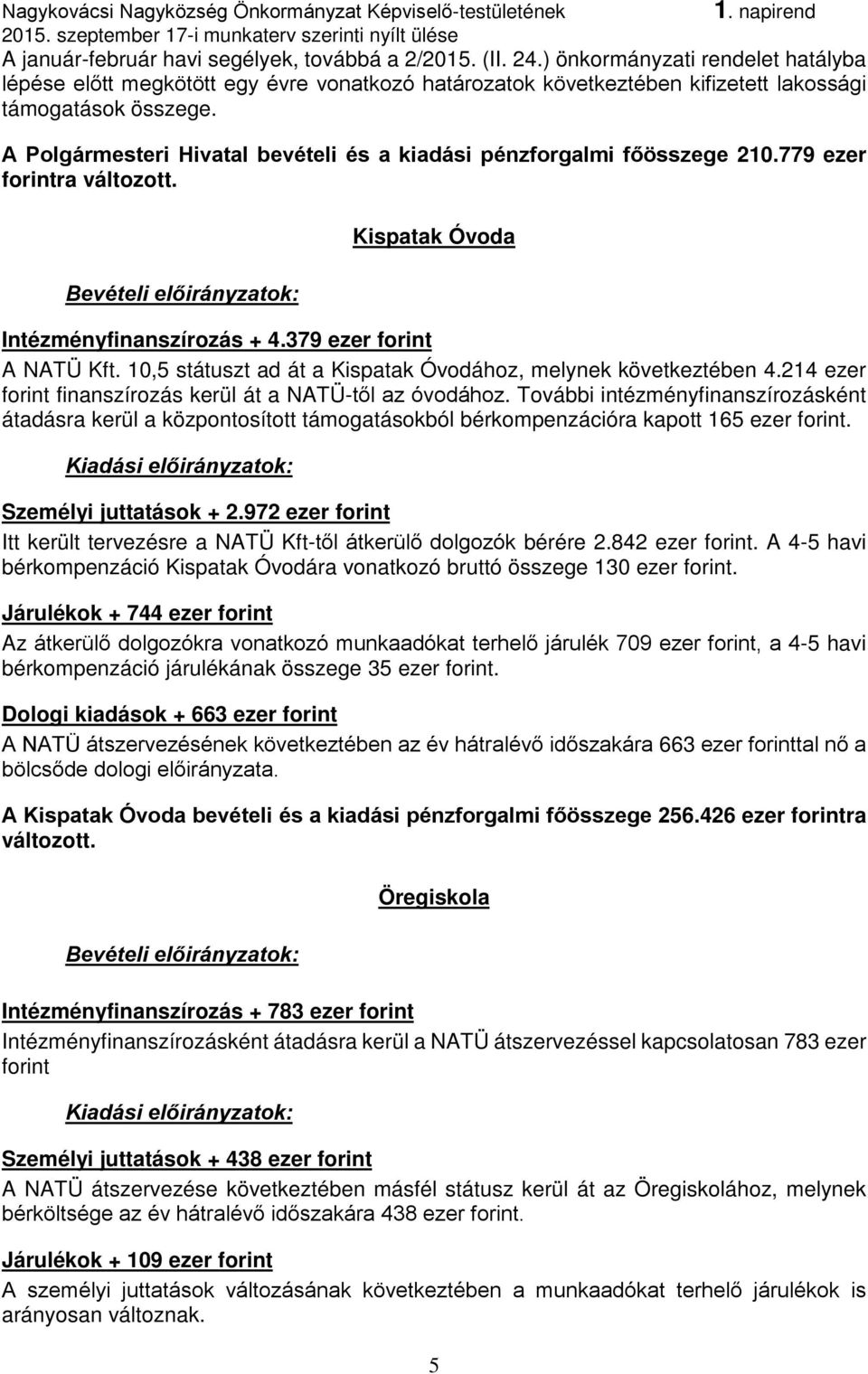 A Polgármesteri Hivatal bevételi és a kiadási pénzforgalmi főösszege 210.779 ezer forintra változott. Kispatak Óvoda Intézményfinanszírozás + 4.379 ezer forint A NATÜ Kft.