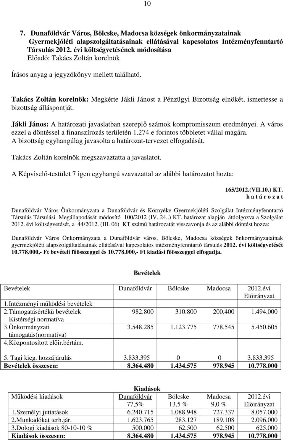 Jákli János: A határozati javaslatban szereplő számok kompromisszum eredményei. A város ezzel a döntéssel a finanszírozás területén 1.274 e forintos többletet vállal magára.