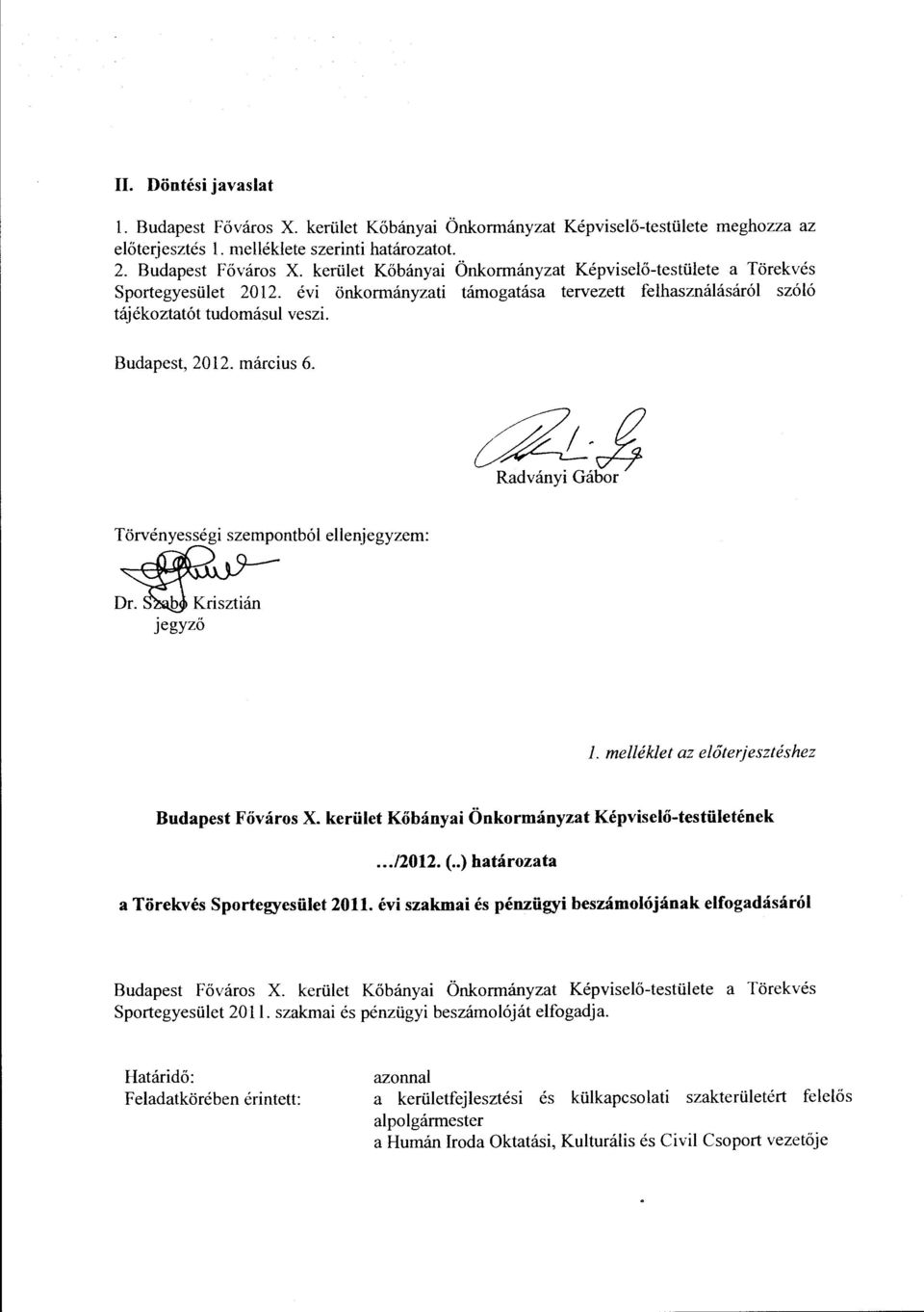 melléklet az előterjesztéshez Budapest Főváros X. kerület Kőbányai Önkormányzat Képviselő-testületének... /2012. (.. ) határozata a Törekvés Sportegyesület 2011.