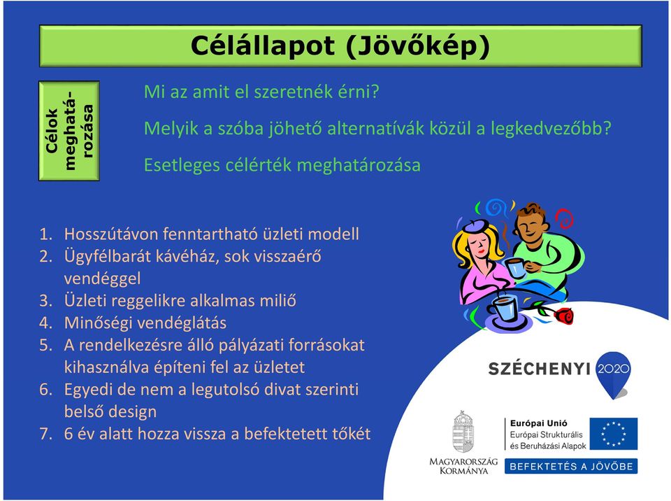 Hosszútávon fenntartható üzleti modell 2. Ügyfélbarát kávéház, sok visszaérő vendéggel 3.