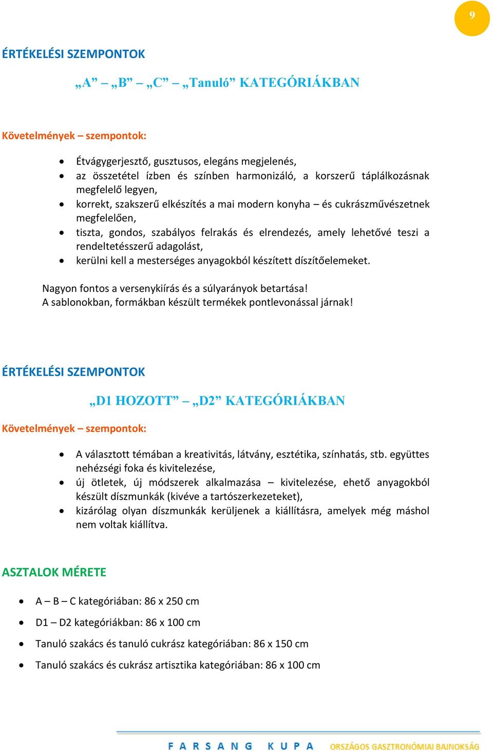 adagolást, kerülni kell a mesterséges anyagokból készített díszítőelemeket. Nagyon fontos a versenykiírás és a súlyarányok betartása! A sablonokban, formákban készült termékek pontlevonással járnak!