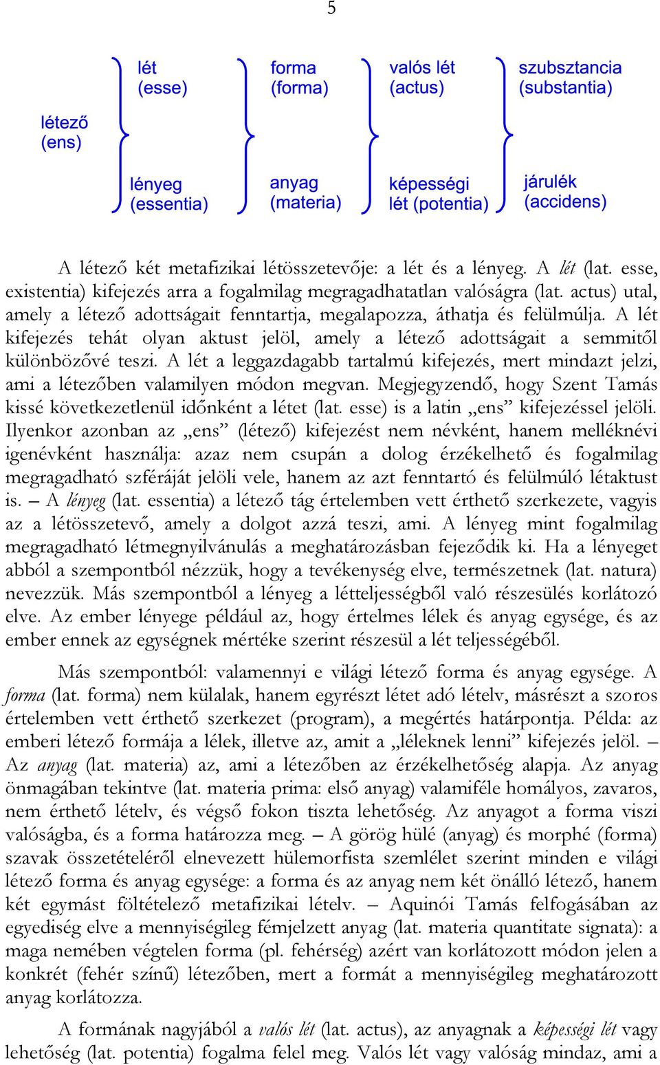 A lét a leggazdagabb tartalmú kifejezés, mert mindazt jelzi, ami a létezőben valamilyen módon megvan. Megjegyzendő, hogy Szent Tamás kissé következetlenül időnként a létet (lat.