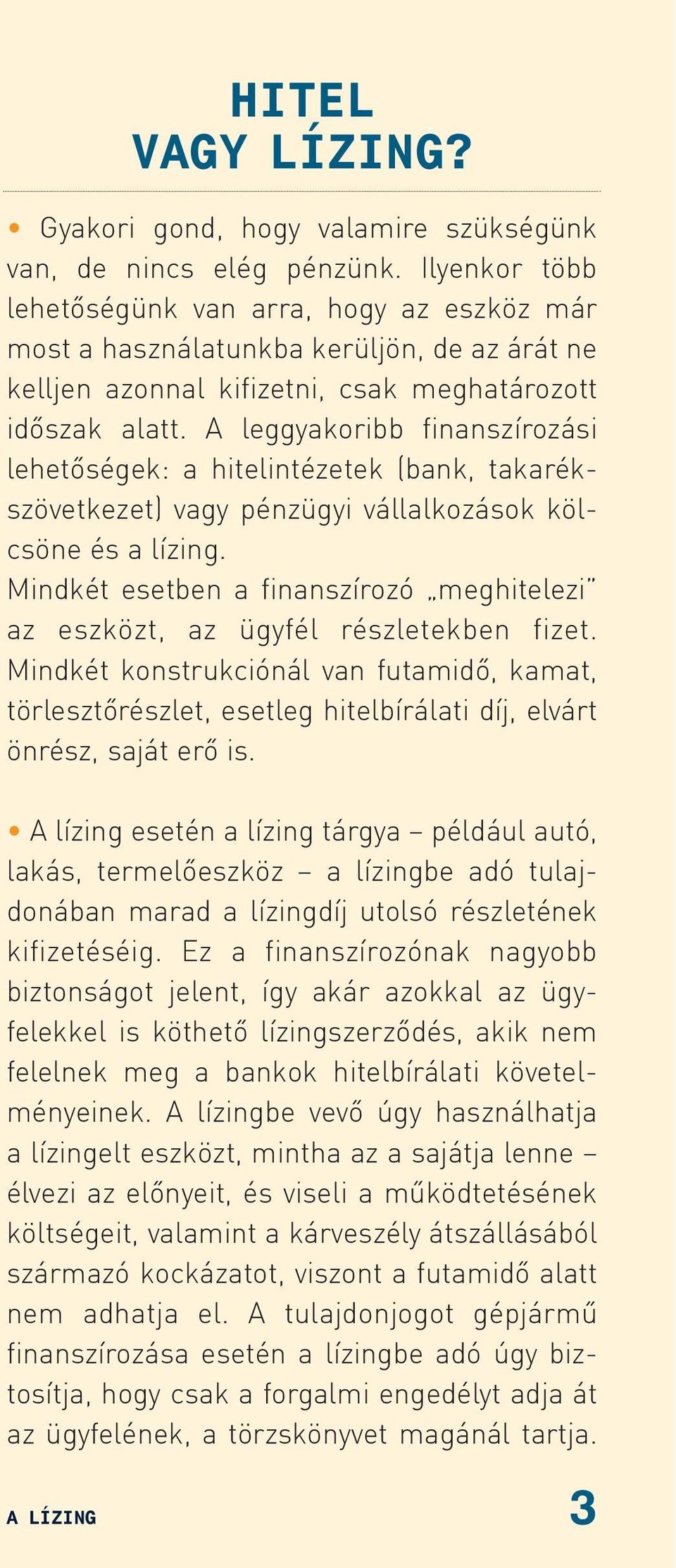 A leggyakoribb finanszírozási lehetõségek: a hitelintézetek (bank, takarékszövetkezet) vagy pénzügyi vállalkozások kölcsöne és a lízing.