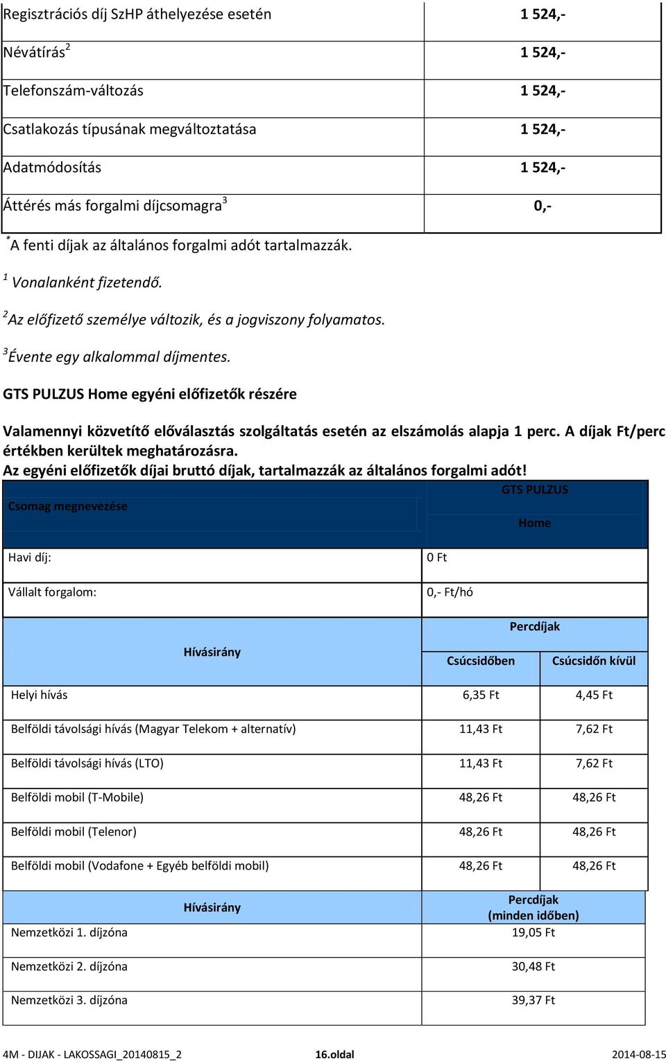 GTS PULZUS Home egyéni előfizetők részére Valamennyi közvetítő előválasztás szolgáltatás esetén az elszámolás alapja 1 perc. A díjak Ft/perc értékben kerültek meghatározásra.