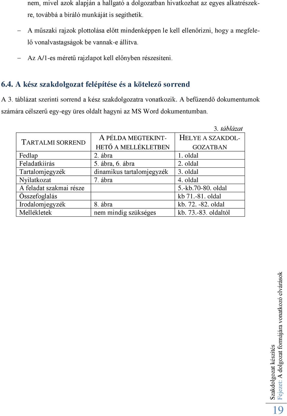 A kész szakdolgozat felépítése és a kötelező sorrend A 3. táblázat szerinti sorrend a kész szakdolgozatra vonatkozik.