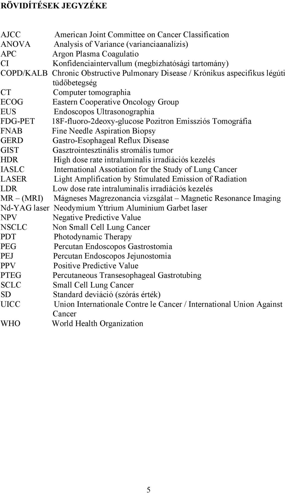 FDG-PET 18F-fluoro-2deoxy-glucose Pozitron Emissziós Tomográfia FNAB Fine Needle Aspiration Biopsy GERD Gastro-Esophageal Reflux Disease GIST Gasztrointesztinális stromális tumor HDR High dose rate