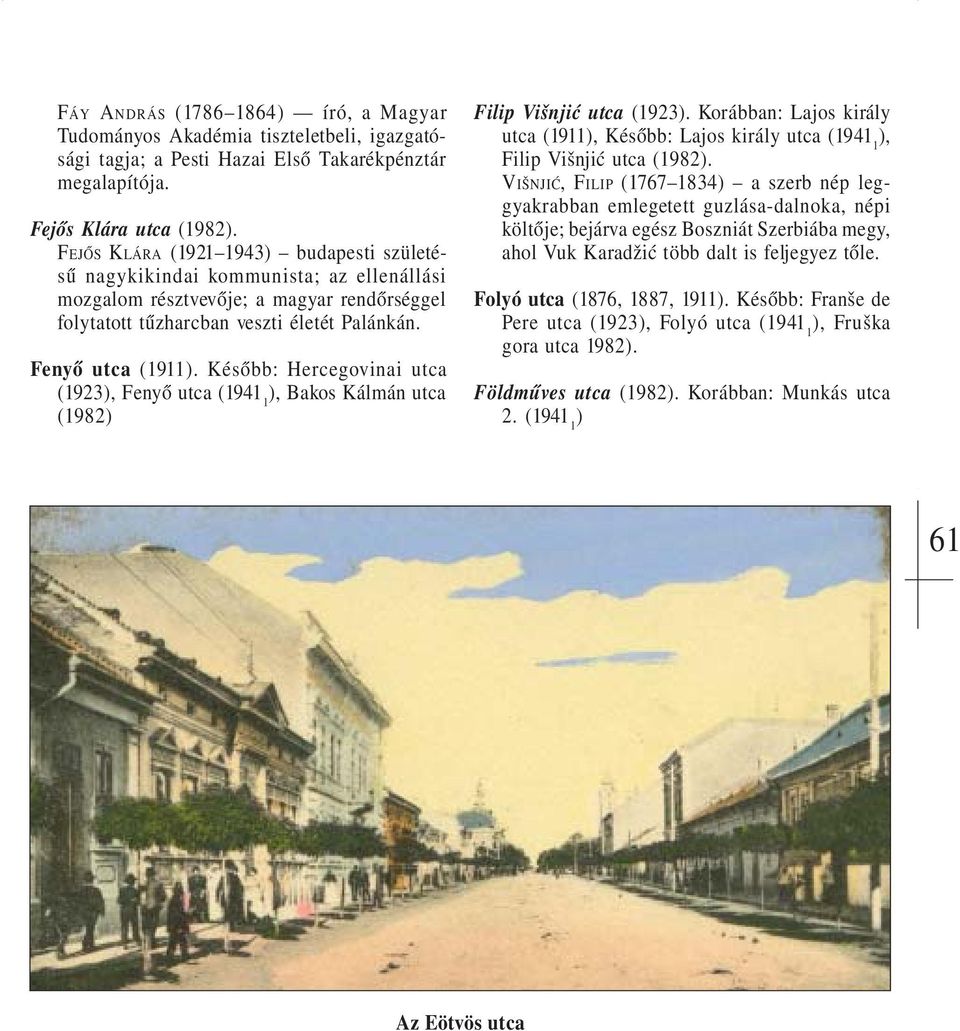 Fenyő utca (1911 Később: Hercegovinai utca (1923 Fenyő utca Bakos Kálmán utca (1982) Filip Višnjić utca (1923 Korábban: Lajos király utca (1911 Később: Lajos király utca Filip Višnjić utca (1982