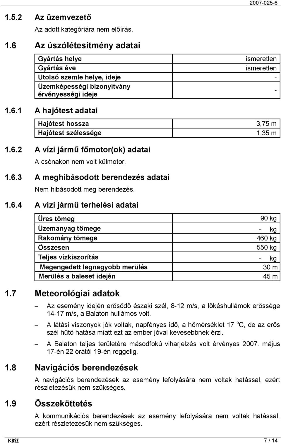 6.2 A vízi jármű főmotor(ok) adatai A csónakon nem volt külmotor. 1.6.3 A meghibásodott berendezés adatai Nem hibásodott meg berendezés. 1.6.4 A vízi jármű terhelési adatai Üres tömeg 90 kg Üzemanyag