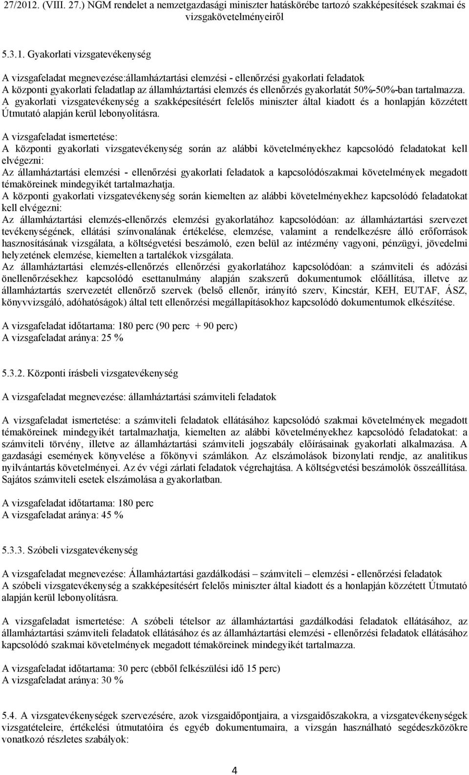 gyakorlatát 50%-50%-ban tartalmazza. A gyakorlati vizsgatevékenység a szakképesítésért felelős miniszter által kiadott és a honlapján közzétett Útmutató alapján kerül lebonyolításra.