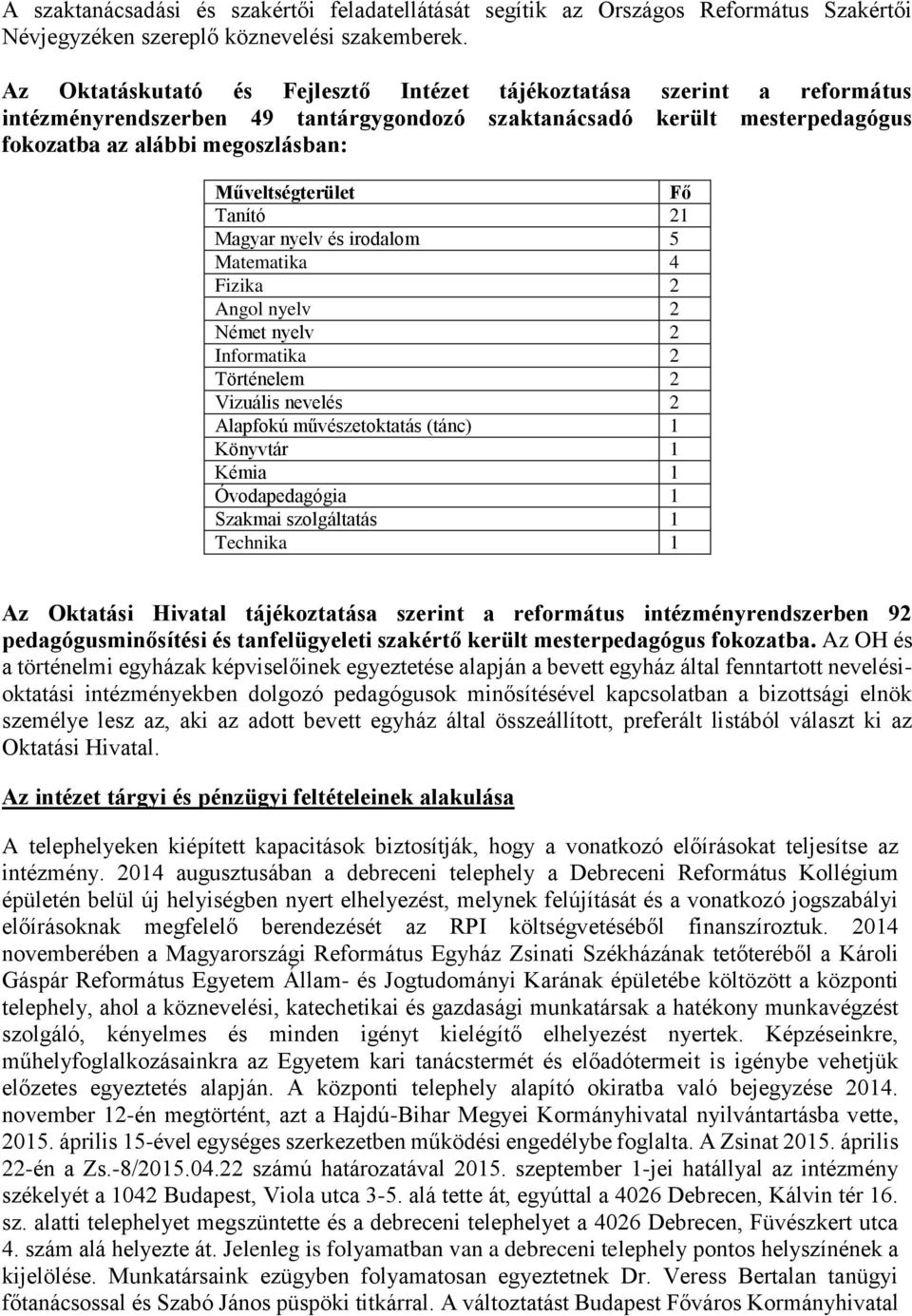 Műveltségterület Fő Tanító 21 Magyar nyelv és irodalom 5 Matematika 4 Fizika 2 Angol nyelv 2 Német nyelv 2 Informatika 2 Történelem 2 Vizuális nevelés 2 Alapfokú művészetoktatás (tánc) 1 Könyvtár 1