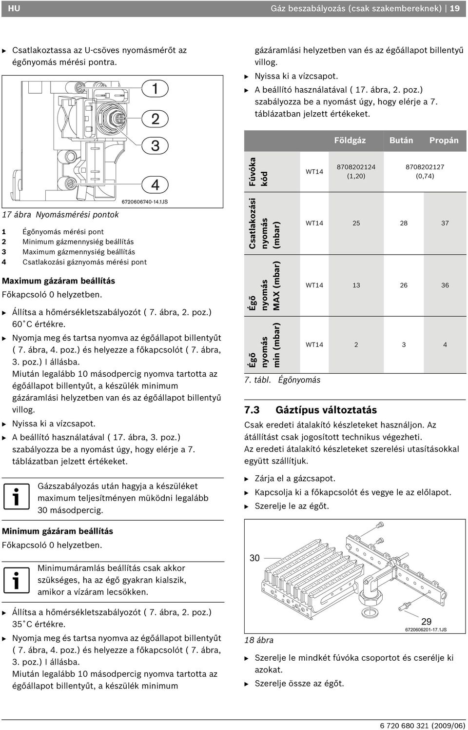 Földgáz Bután Propán Fúvóka kód WT14 8708202124 (1,20) 8708202127 (0,74) 17 ábra Nyomásmérési pontok 1 Égőnyomás mérési pont 2 Minimum gázmennysiég beállítás 3 Maximum gázmennysiég beállítás 4