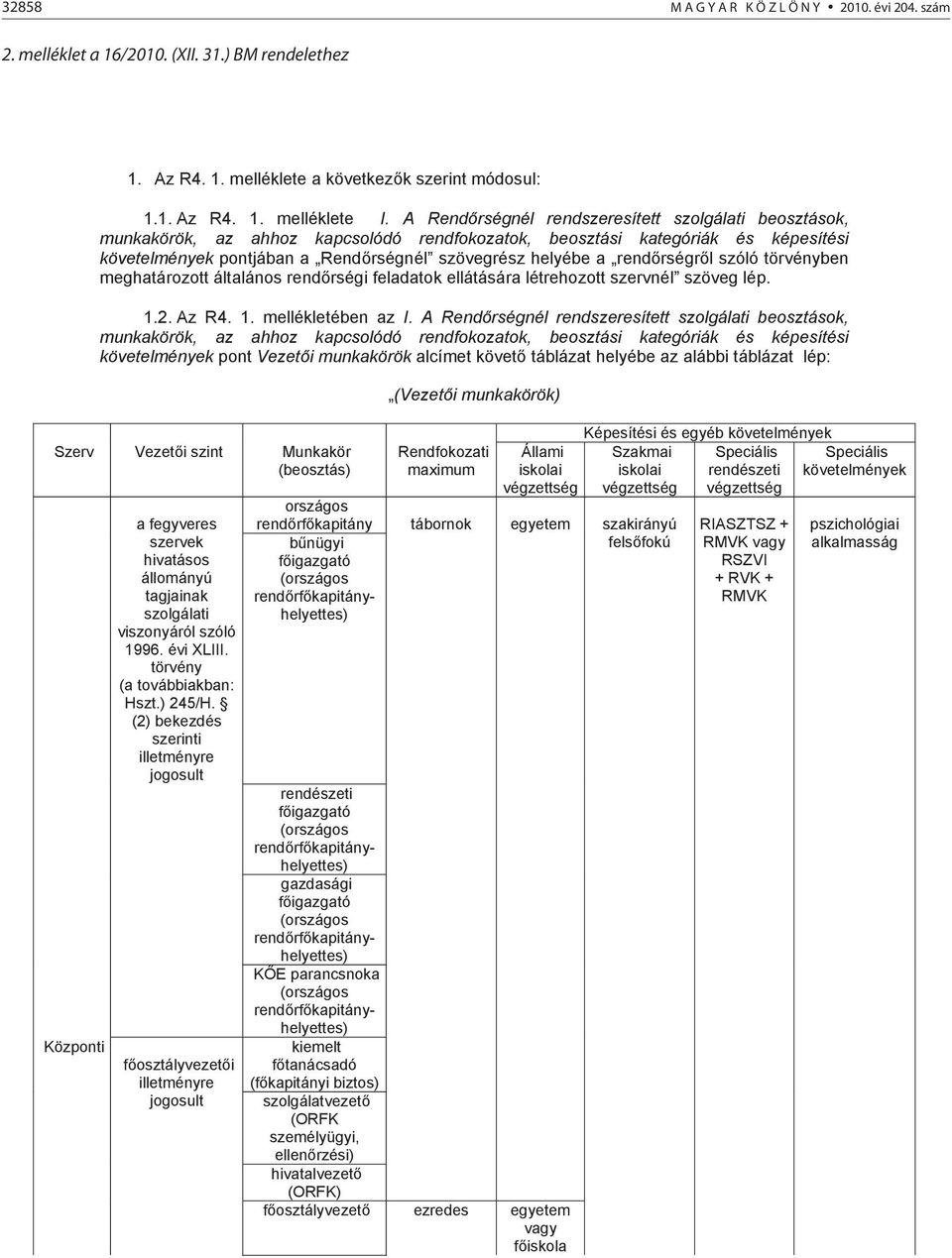 rend rségr l szóló törvényben meghatározott általános rend rségi feladatok ellátására létrehozott szervnél szöveg lép. 1.2. Az R4. 1. mellékletében az I.