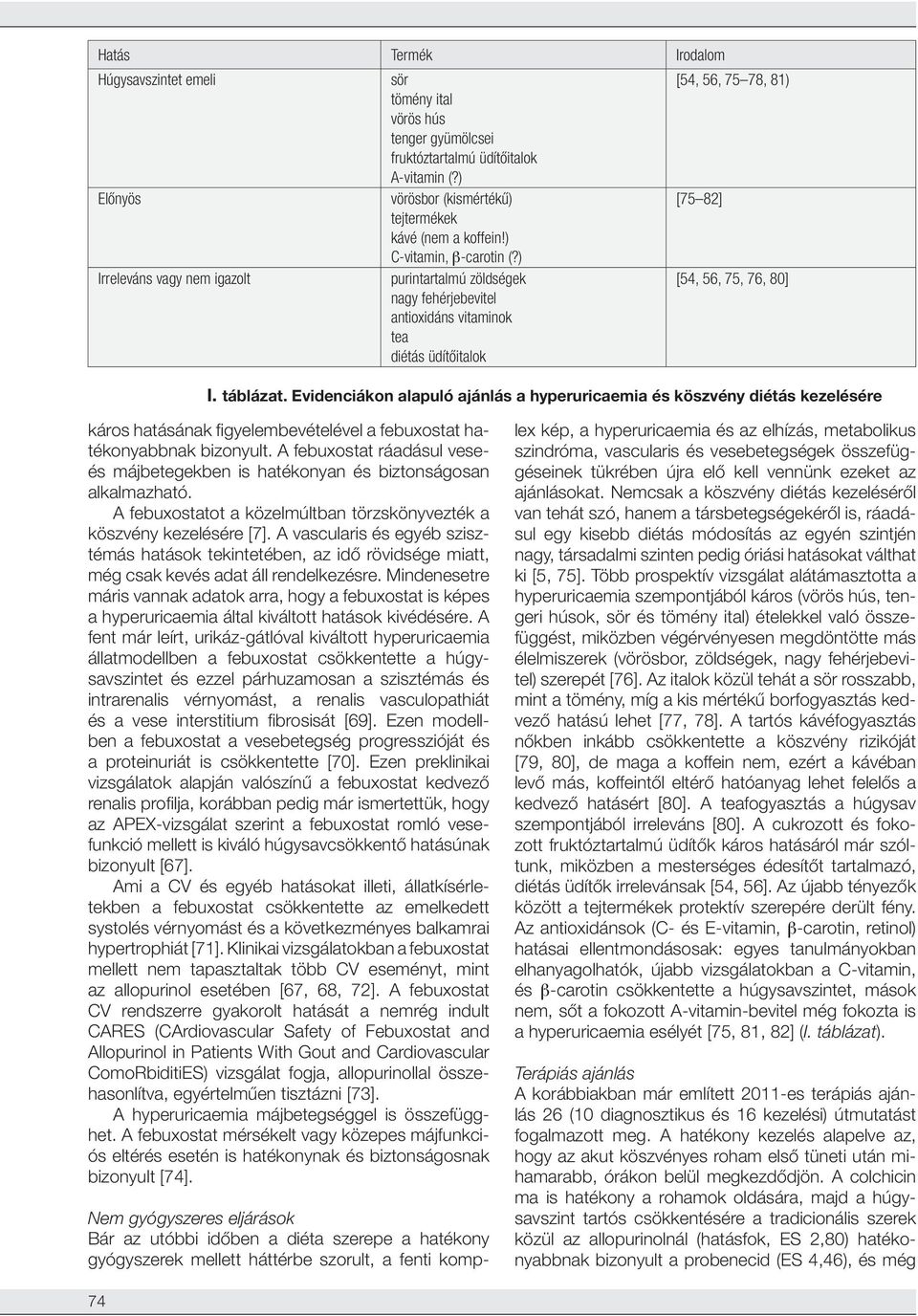 ) Irreleváns vagy nem igazolt purintartalmú zöldségek nagy fehérjebevitel antioxidáns vitaminok tea diétás üdítőitalok [54, 56, 75, 76, 80] I. táblázat.