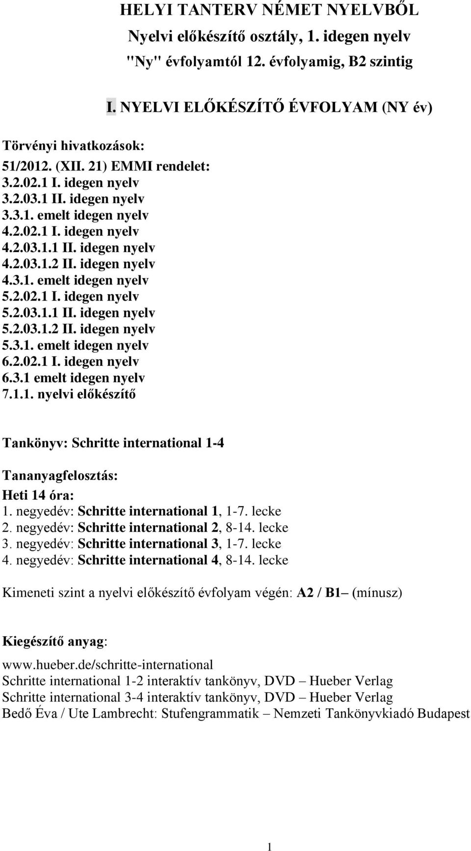 2.02.1 I. idegen nyelv 5.2.03.1.1 II. idegen nyelv 5.2.03.1.2 II. idegen nyelv 5.3.1. emelt idegen nyelv 6.2.02.1 I. idegen nyelv 6.3.1 emelt idegen nyelv 7.1.1. nyelvi előkészítő Tankönyv: Schritte international 1-4 Tananyagfelosztás: Heti 14 óra: 1.