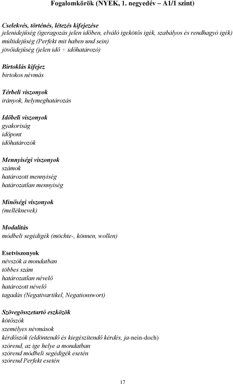 jövőidejűség (jelen idő + időhatározó) Birtoklás kifejez birtokos névmás Térbeli viszonyok irányok, helymeghatározás Időbeli viszonyok gyakoriság időpont időhatározók Mennyiségi viszonyok számok