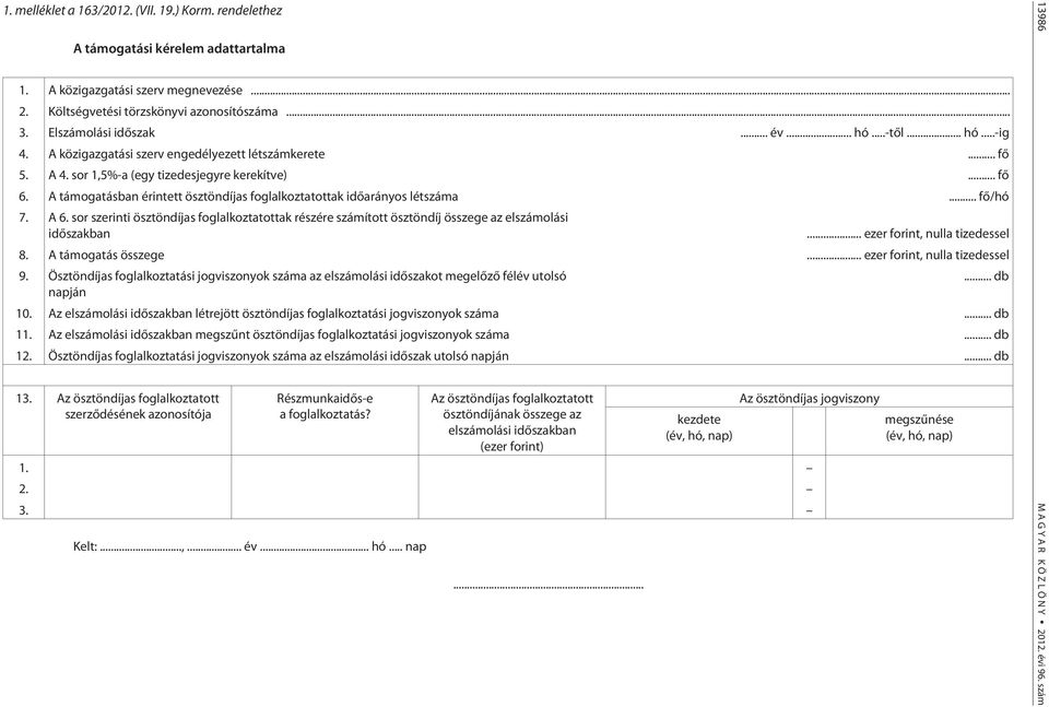 A támogatásban érintett ösztöndíjas foglalkoztatottak idõarányos létszáma... fõ/hó 7. A 6. sor szerinti ösztöndíjas foglalkoztatottak részére számított ösztöndíj összege az elszámolási idõszakban.