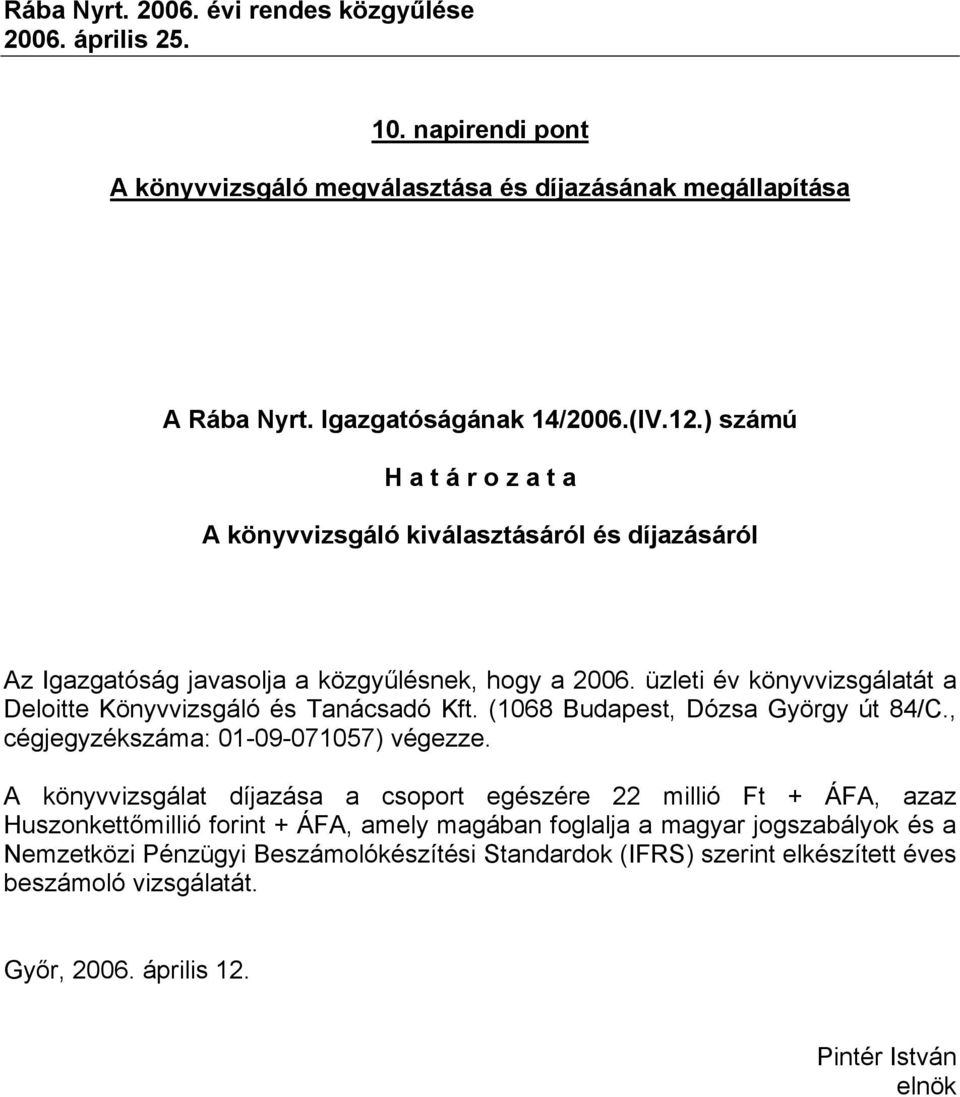 üzleti év könyvvizsgálatát a Deloitte Könyvvizsgáló és Tanácsadó Kft. (1068 Budapest, Dózsa György út 84/C., cégjegyzékszáma: 01-09-071057) végezze.