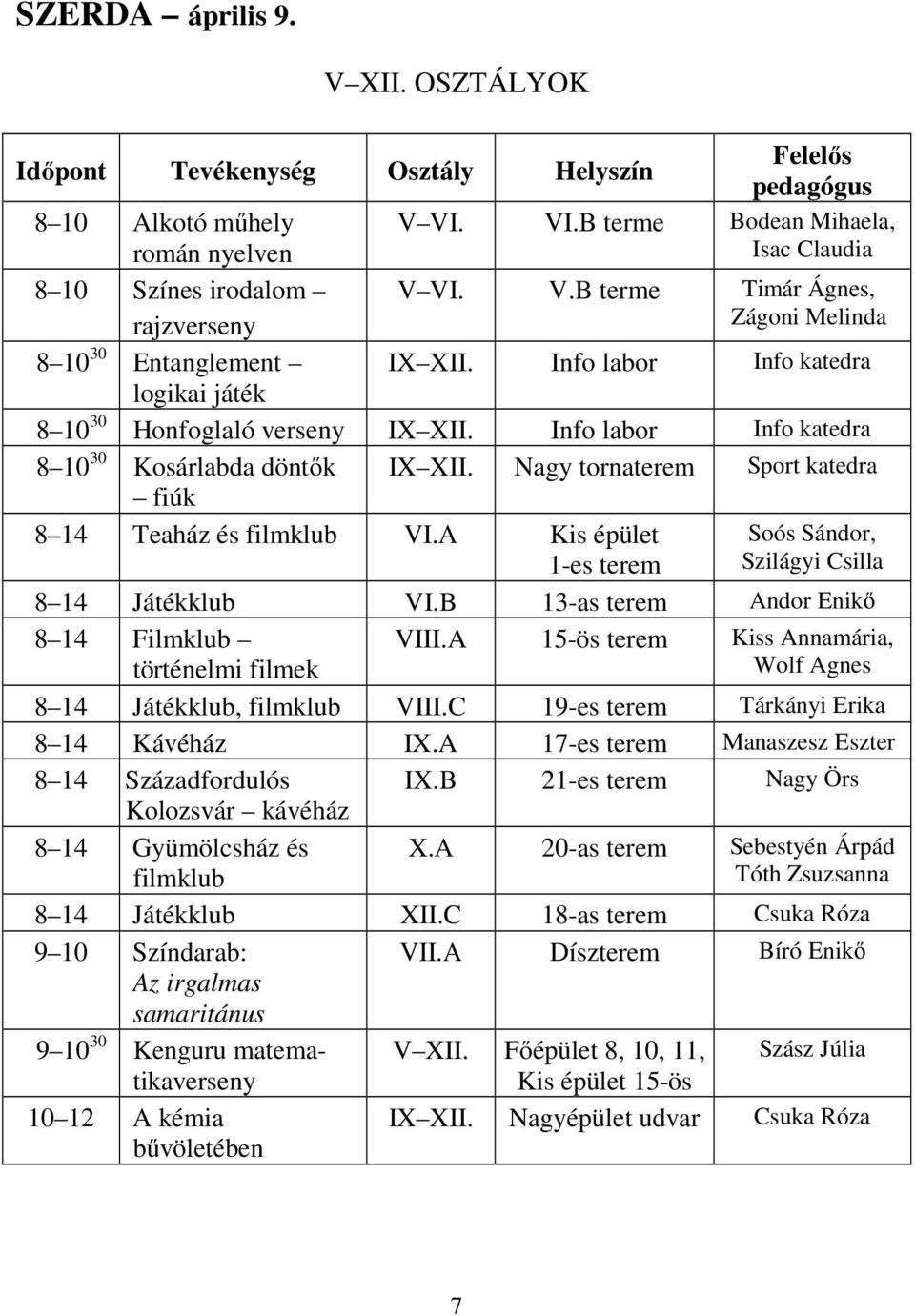 A Kis épület 1-es terem Soós Sándor, Szilágyi Csilla 8 14 Játékklub VI.B 13-as terem Andor Enikő 8 14 Filmklub történelmi filmek VIII.