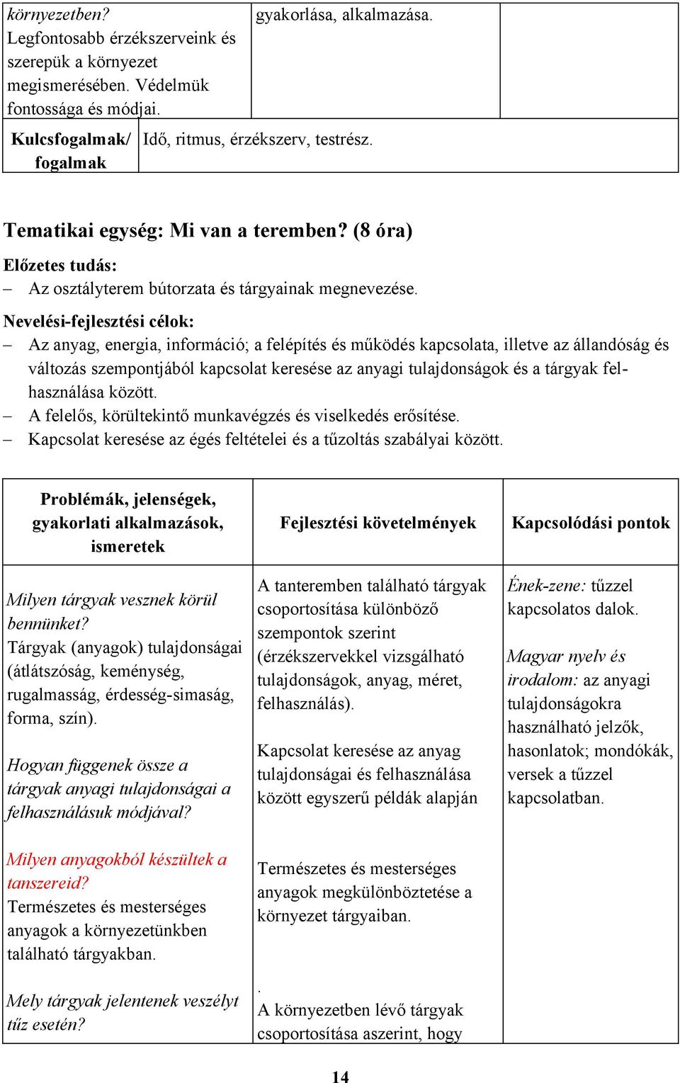 Nevelési-fejlesztési célok: Az anyag, energia, információ; a felépítés és működés kapcsolata, illetve az állandóság és változás szempontjából kapcsolat keresése az anyagi tulajdonságok és a tárgyak