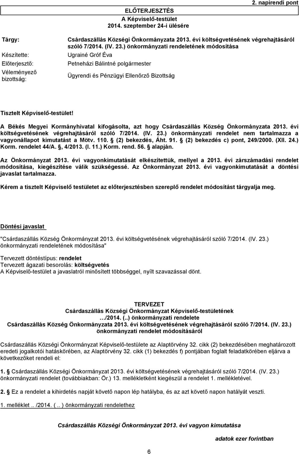 ) önkormányzati rendeletének módosítása Előterjesztő: Petneházi Bálintné polgármester Véleményező bizottság: Ügyrendi és Pénzügyi Ellenőrző Bizottság Tisztelt Képviselő-testület!