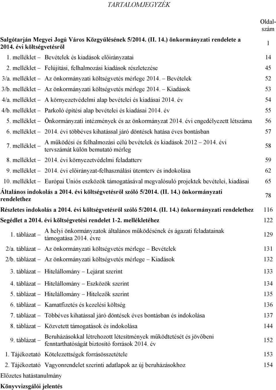 melléklet A környezetvédelmi alap bevételei és kiadásai 2014. év 54 4/b. melléklet Parkoló építési alap bevételei és kiadásai 2014. év 55 5.