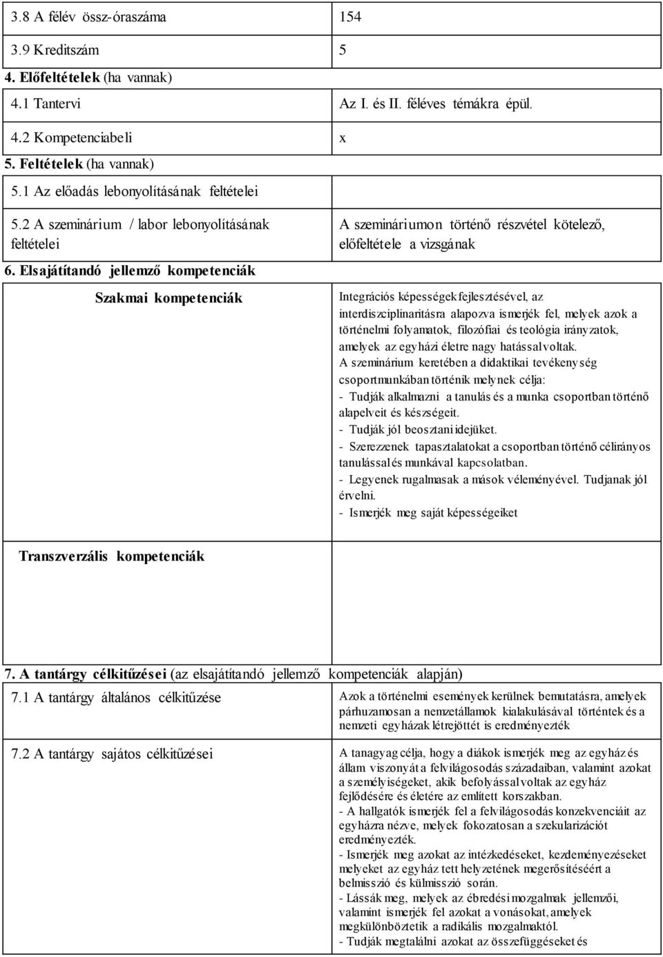 Elsajátítandó jellemző kompetenciák Szakmai kompetenciák A szemináriumon történő részvétel kötelező, előfeltétele a vizsgának Integrációs képességek fejlesztésével, az interdiszciplinaritásra