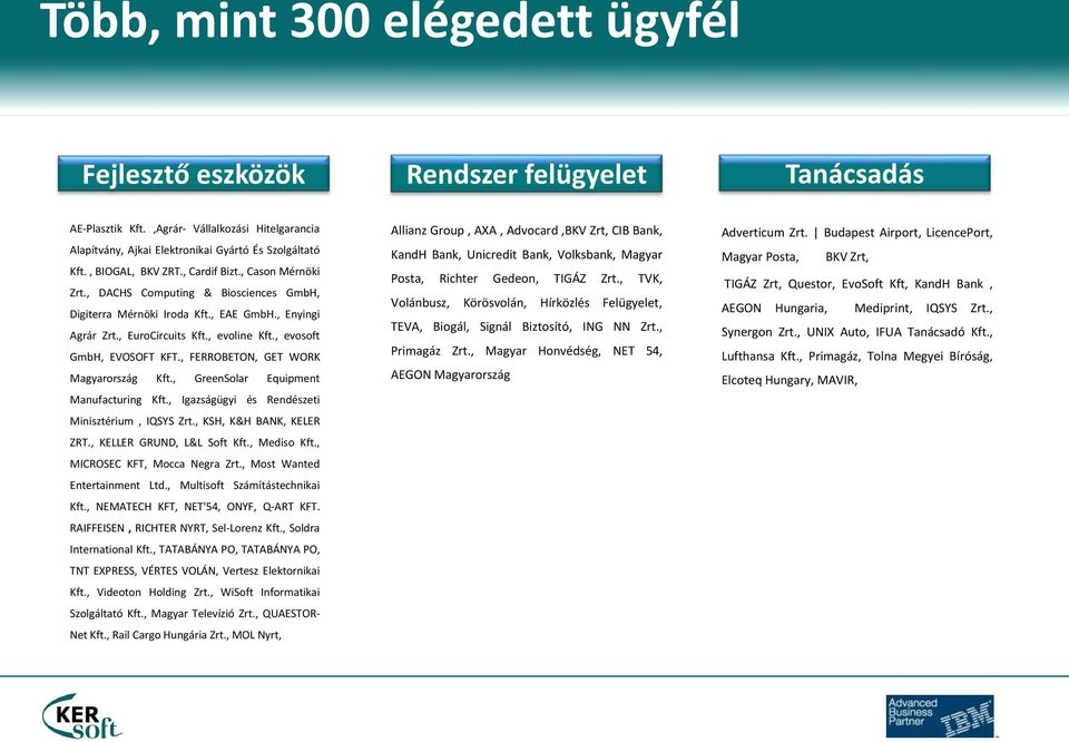, evosoft GmbH, EVOSOFT KFT., FERROBETON, GET WORK Magyarország Kft., GreenSolar Equipment Manufacturing Kft., Igazságügyi és Rendészeti Minisztérium, IQSYS Zrt., KSH, K&H BANK, KELER ZRT.