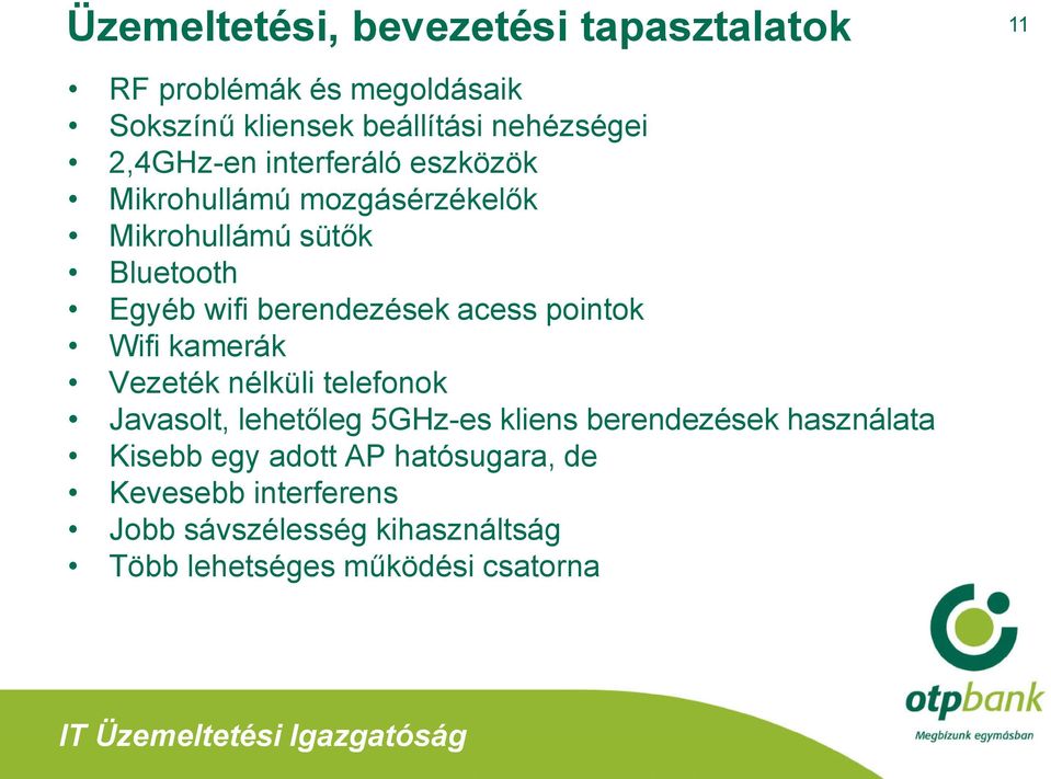 acess pointok Wifi kamerák Vezeték nélküli telefonok Javasolt, lehetőleg 5GHz-es kliens berendezések használata