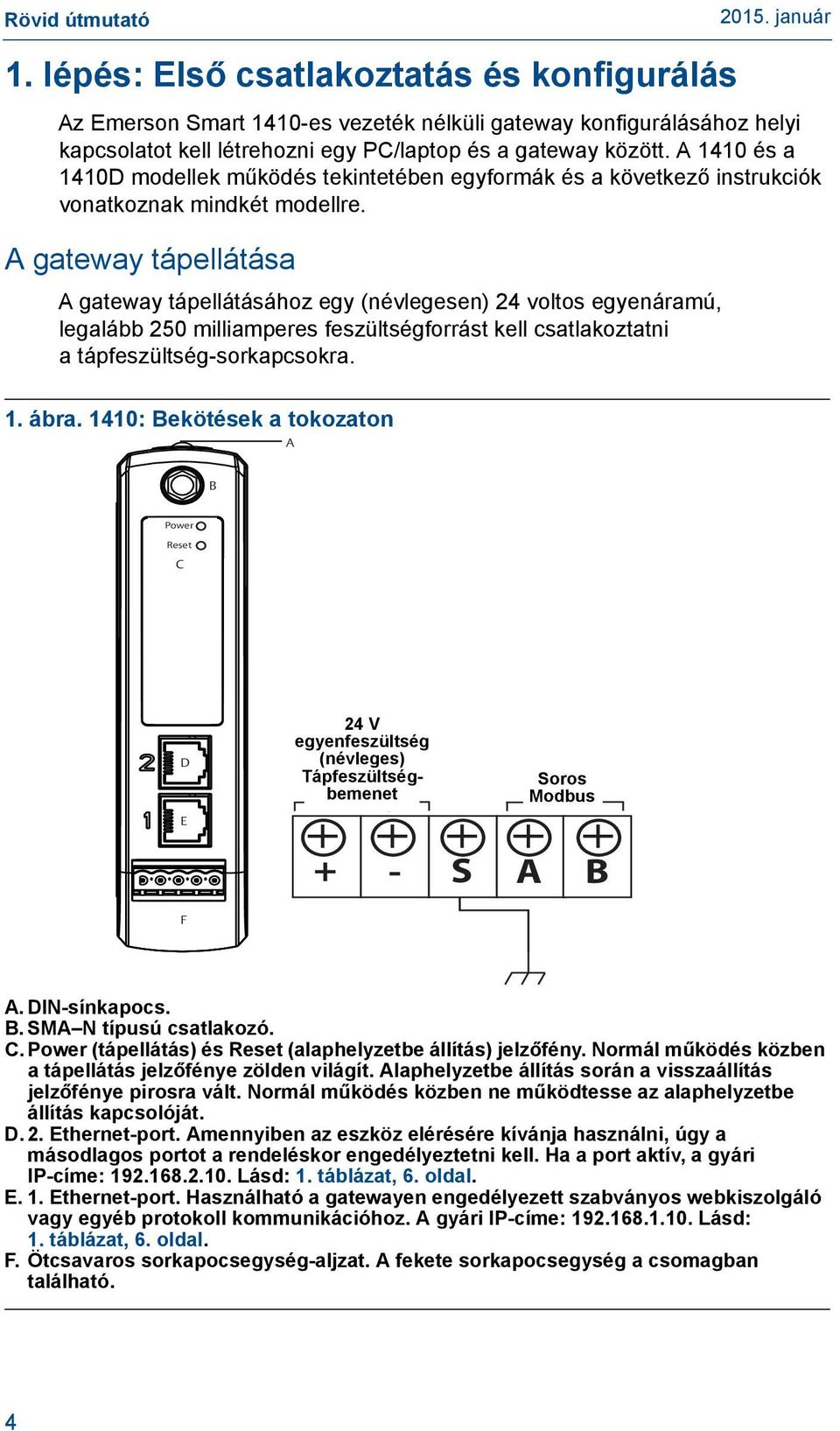 A gateway tápellátása A gateway tápellátásához egy (névlegesen) 24 voltos egyenáramú, legalább 250 milliamperes feszültségforrást kell csatlakoztatni a tápfeszültség-sorkapcsokra. 1. ábra.