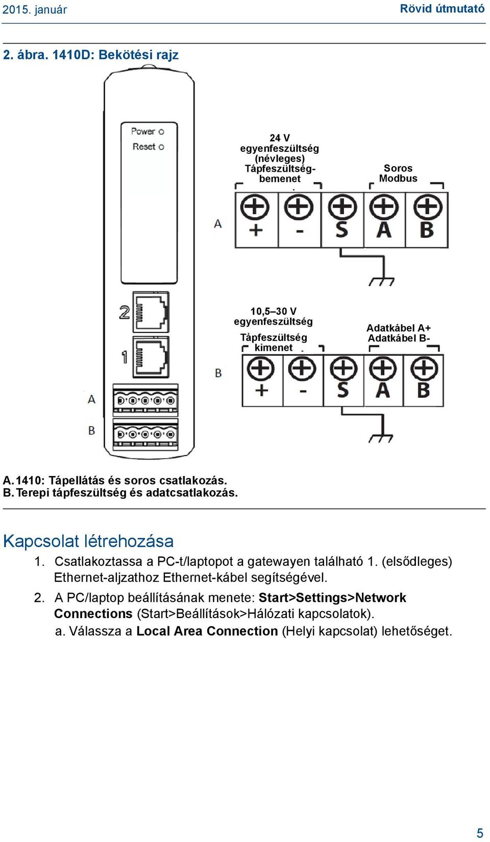 Adatkábel B- A.1410: Tápellátás és soros csatlakozás. B.Terepi tápfeszültség és adatcsatlakozás. Kapcsolat létrehozása 1.