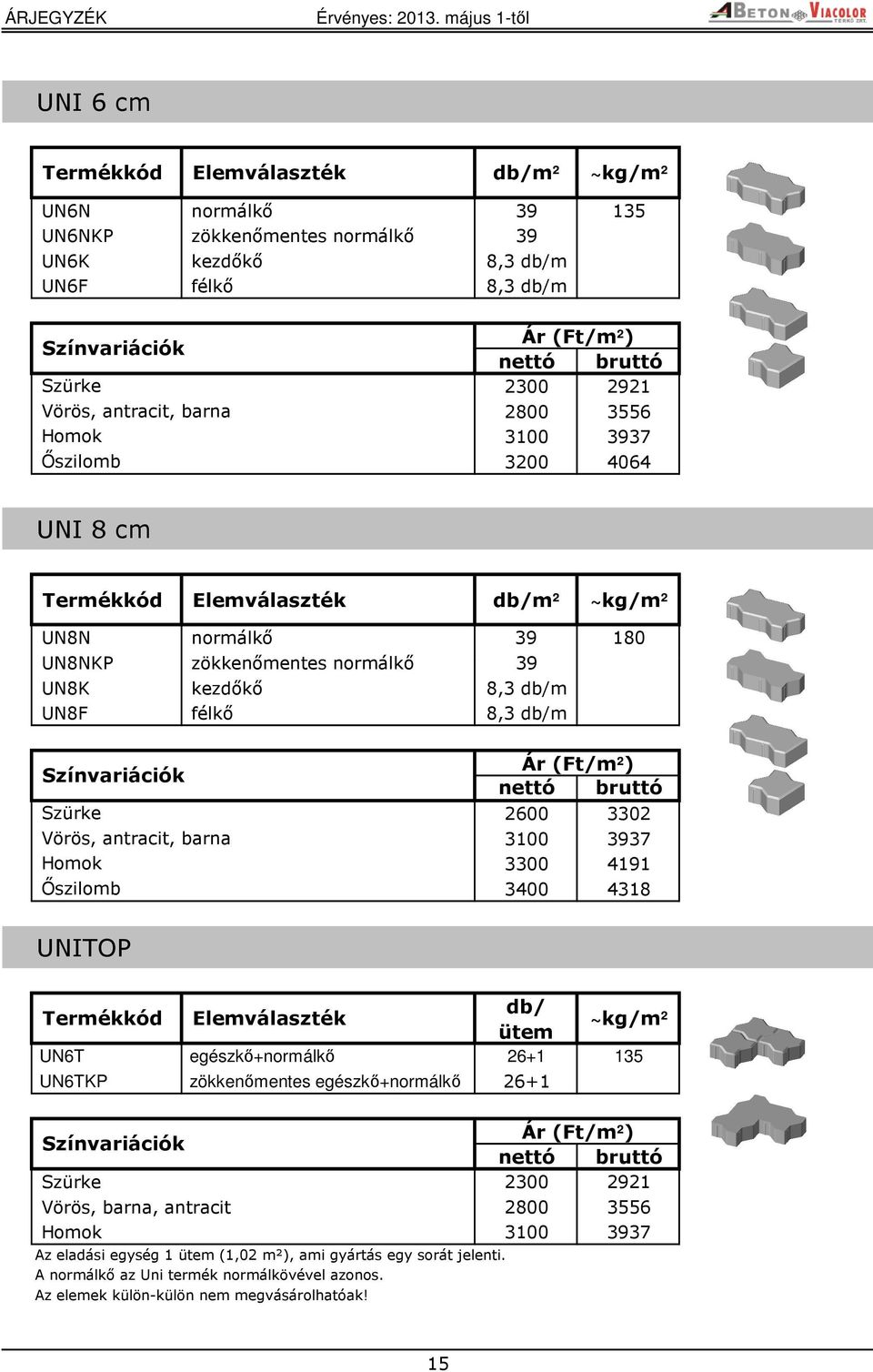 3100 3937 3300 4191 3400 4318 UNITOP db/ ütem UN6T egészkő+normálkő 26+1 135 UN6TKP zökkenőmentes egészkő+normálkő 26+1 2300 2921 Vörös, barna, antracit 2800 3556 Homok