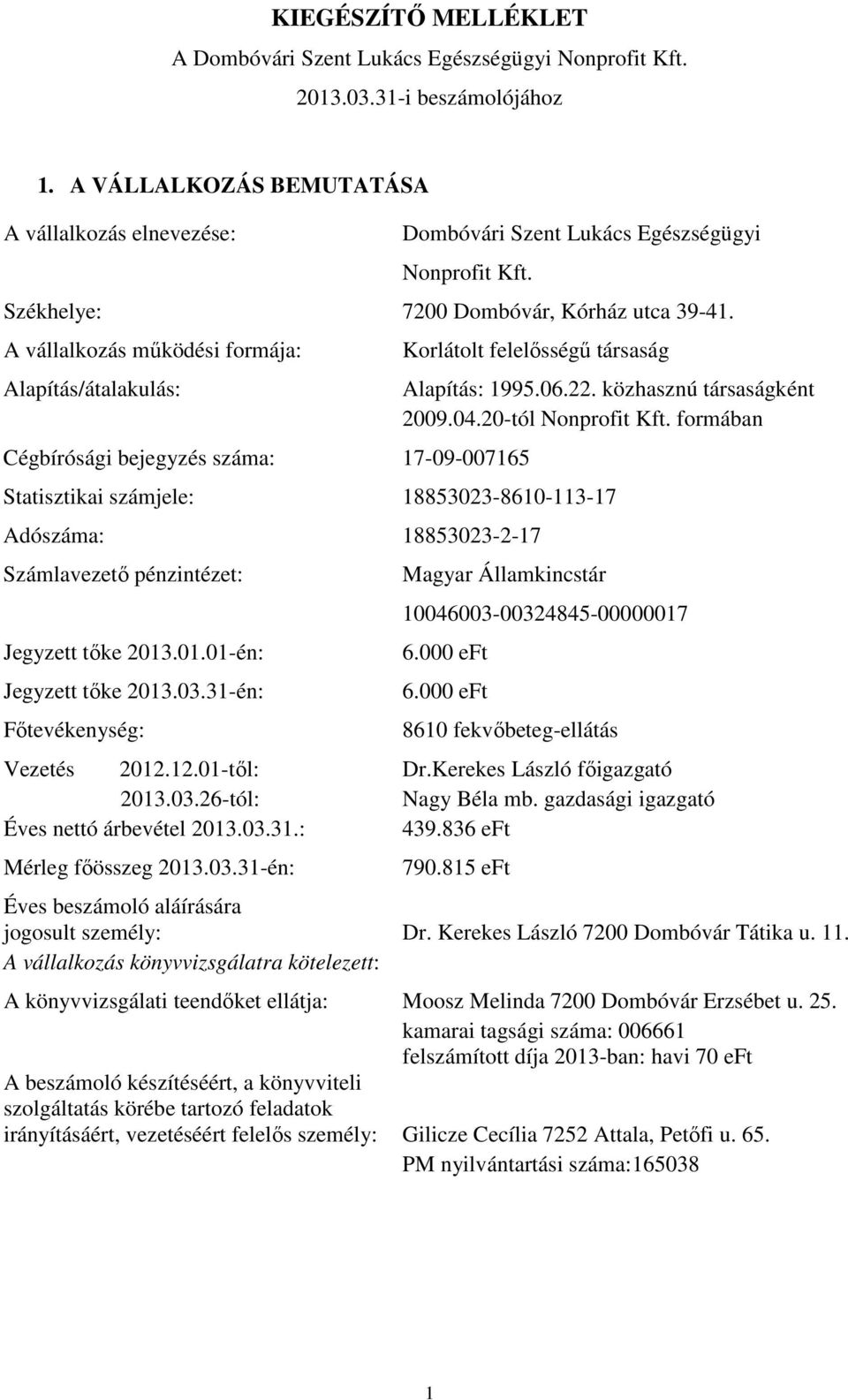 A vállalkozás mőködési formája: Alapítás/átalakulás: Cégbírósági bejegyzés száma: 17-09-007165 Korlátolt felelısségő társaság Alapítás: 1995.06.22. közhasznú társaságként 2009.04.20-tól Nonprofit Kft.