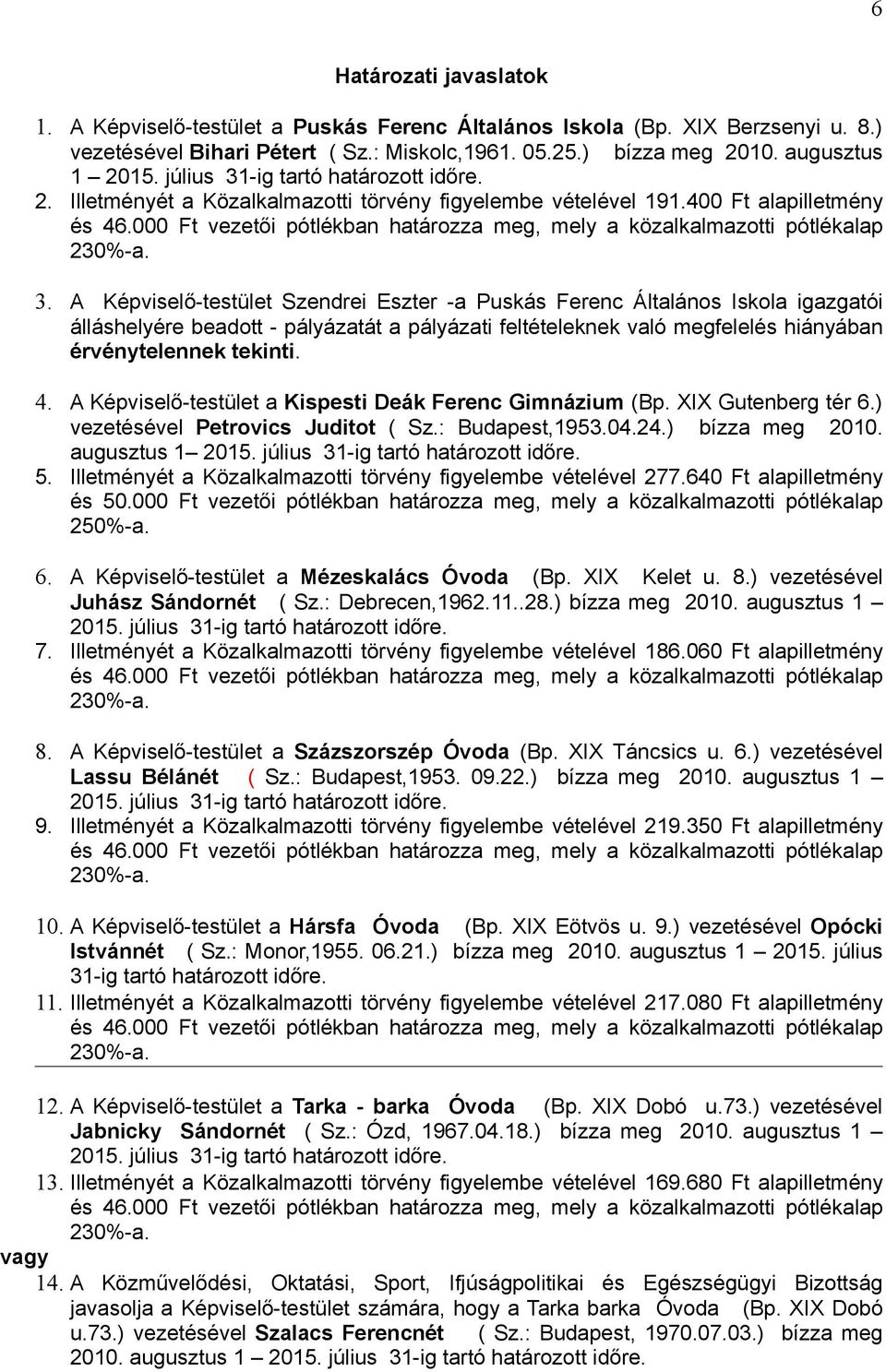 A Képviselő-testület Szendrei Eszter -a Puskás Ferenc Általános Iskola igazgatói álláshelyére beadott - pályázatát a pályázati feltételeknek való megfelelés hiányában érvénytelennek tekinti. 4.