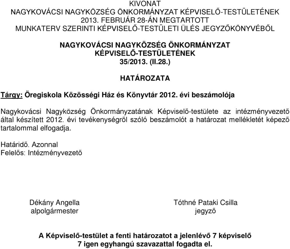 évi beszámolója Nagykovácsi Nagyközség Önkormányzatának Képviselő-testülete az intézményvezető által készített 2012.