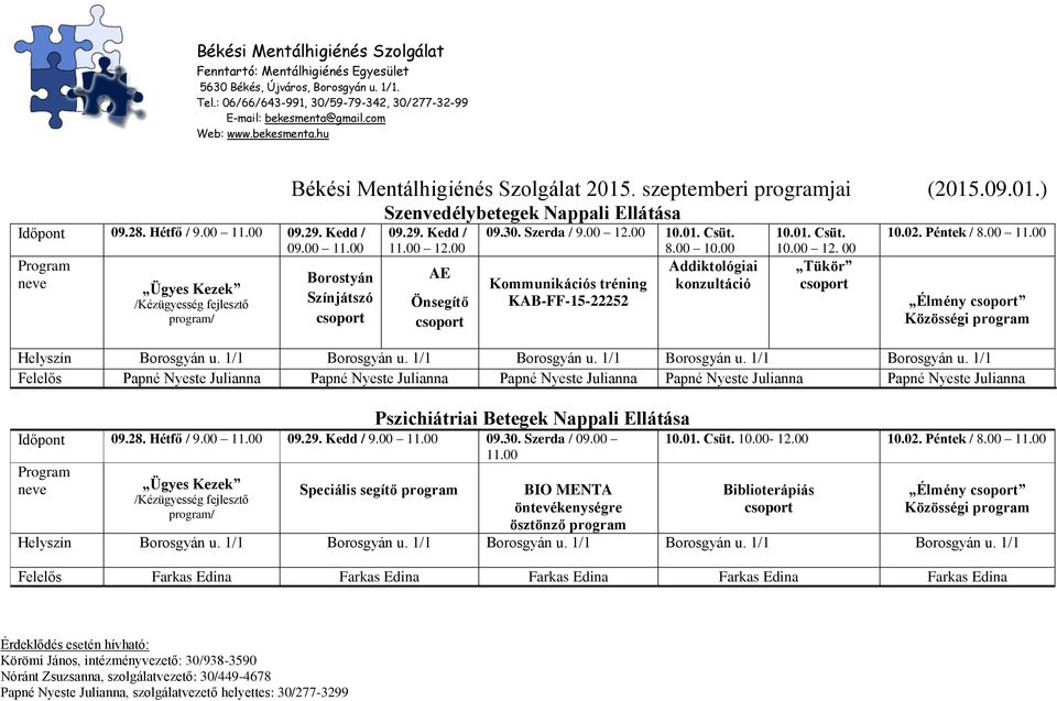 Kedd / 9.00 09.30. Szerda / 09.00 Speciális segítő ösztönző 10.01. Csüt. 10.00-12.00 10.02. Péntek / 8.