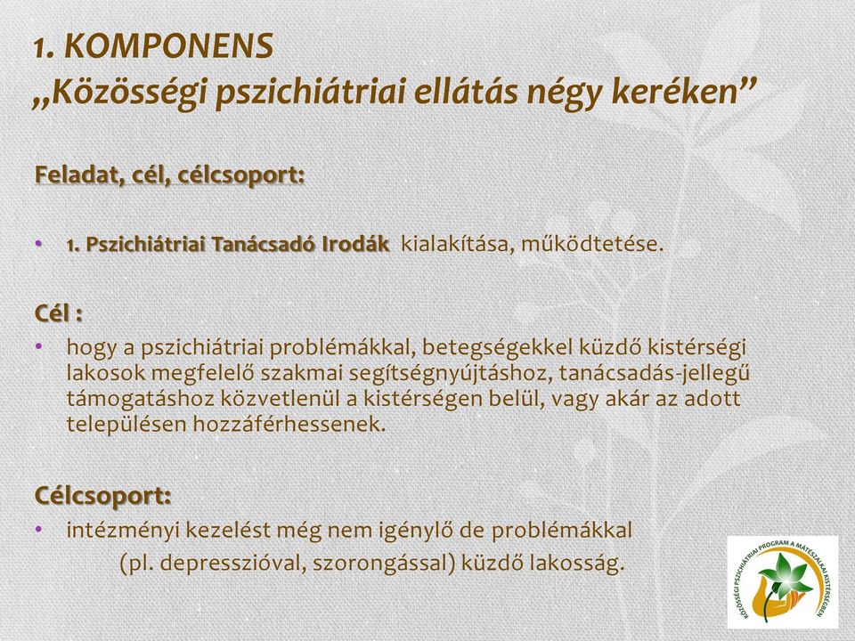 Cél : hogy a pszichiátriai problémákkal, betegségekkel küzdő kistérségi lakosok megfelelő szakmai segítségnyújtáshoz,