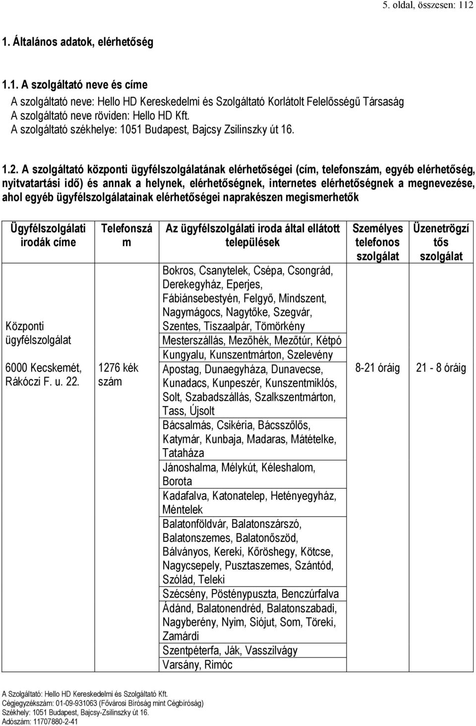 A szolgáltató központi ügyfélszolgálatának elérhetőségei (cím, telefonszám, egyéb elérhetőség, nyitvatartási idő) és annak a helynek, elérhetőségnek, internetes elérhetőségnek a megnevezése, ahol