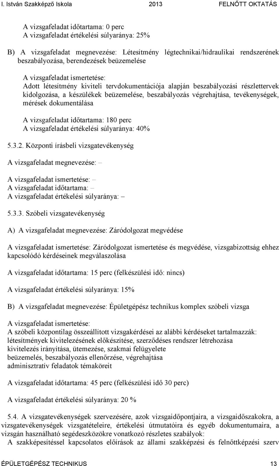 tevékenységek, mérések dokumentálása A vizsgafeladat időtartama: 180 perc A vizsgafeladat értékelési súlyaránya: 40% 5.3.2.